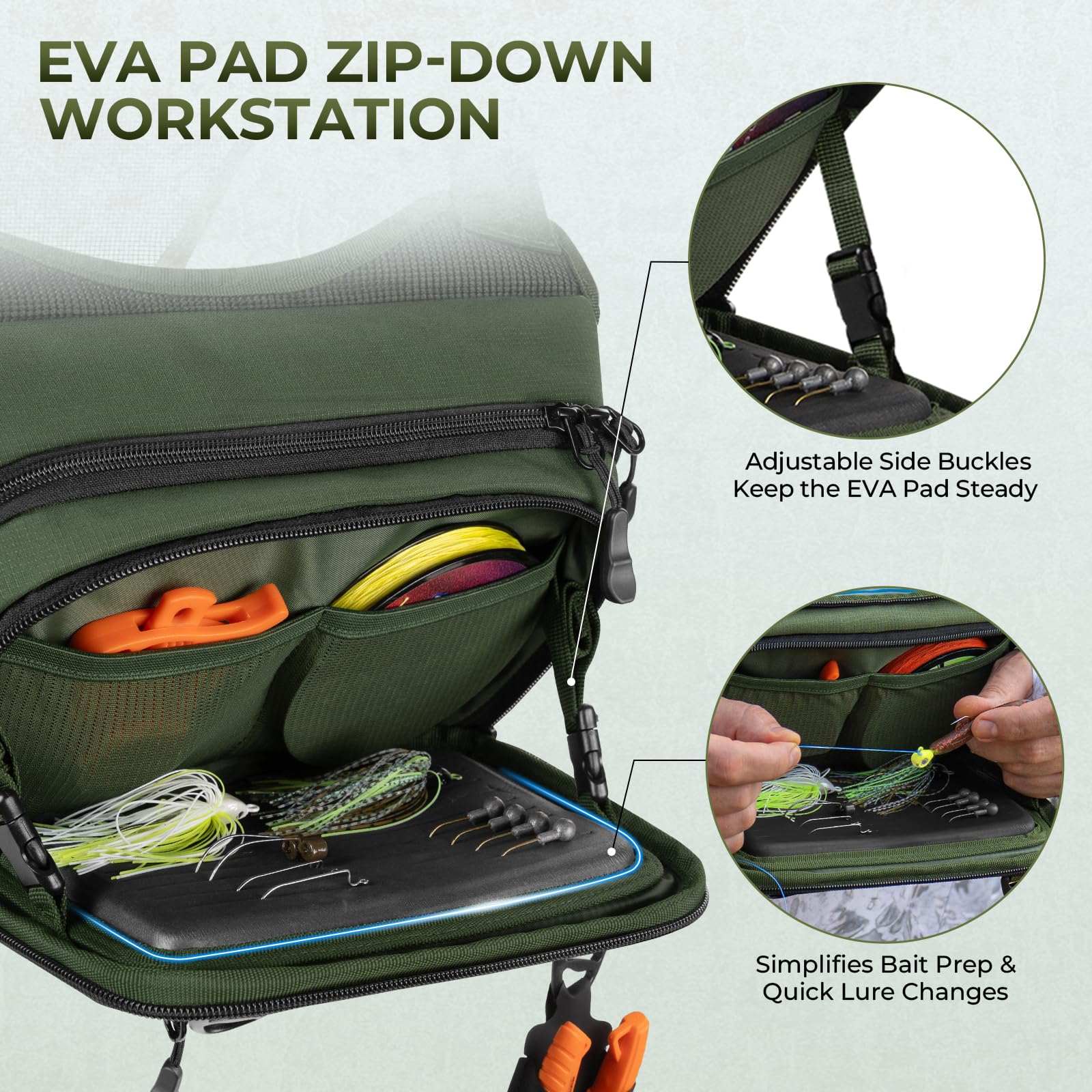 KastKing Bait Boss Water-Resistant Fishing Chest Pack With EVA Zip-Down Workstation, MOLLE Storage, Adjustable Chest Straps - Image 4