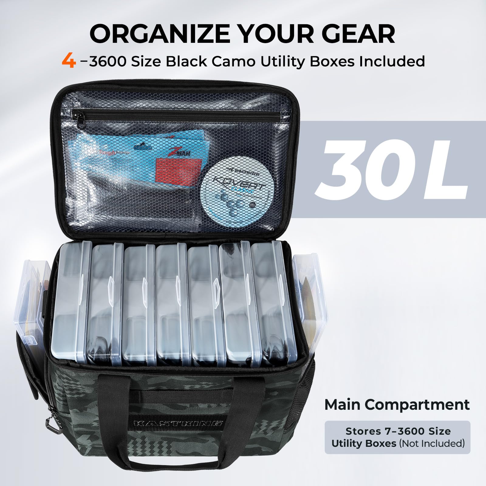 KastKing BaitSpace Fishing Tackle Bag With 4 Tackle Boxes & Removable Bait Binder, Water-Resistant Tackle Storage, Durable Fishing Gear, Adjustable Shoulder Strap - Image 3