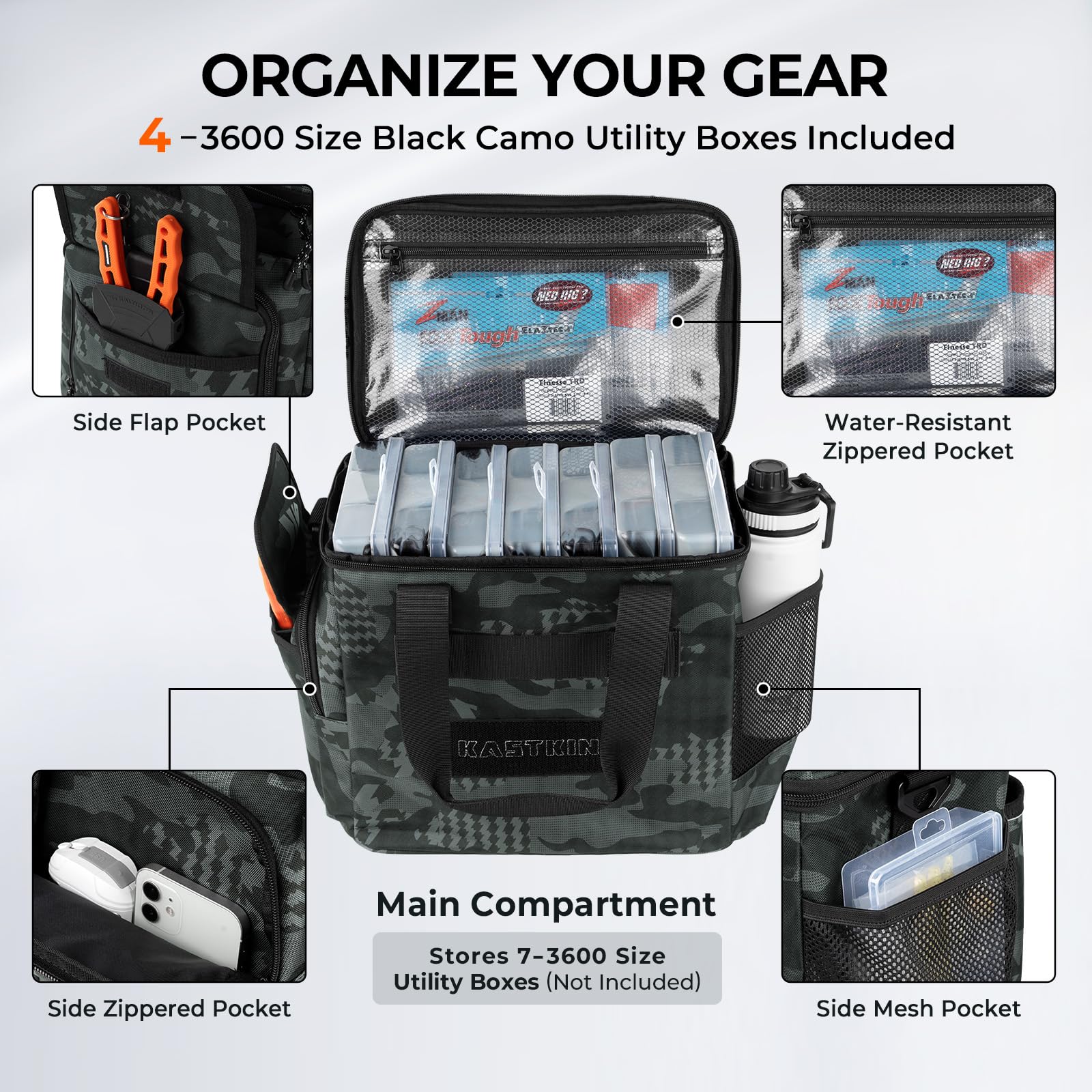 KastKing BaitSpace Fishing Tackle Bag With 4 Tackle Boxes & Removable Bait Binder, Water-Resistant Tackle Storage, Durable Fishing Gear, Adjustable Shoulder Strap - Image 4