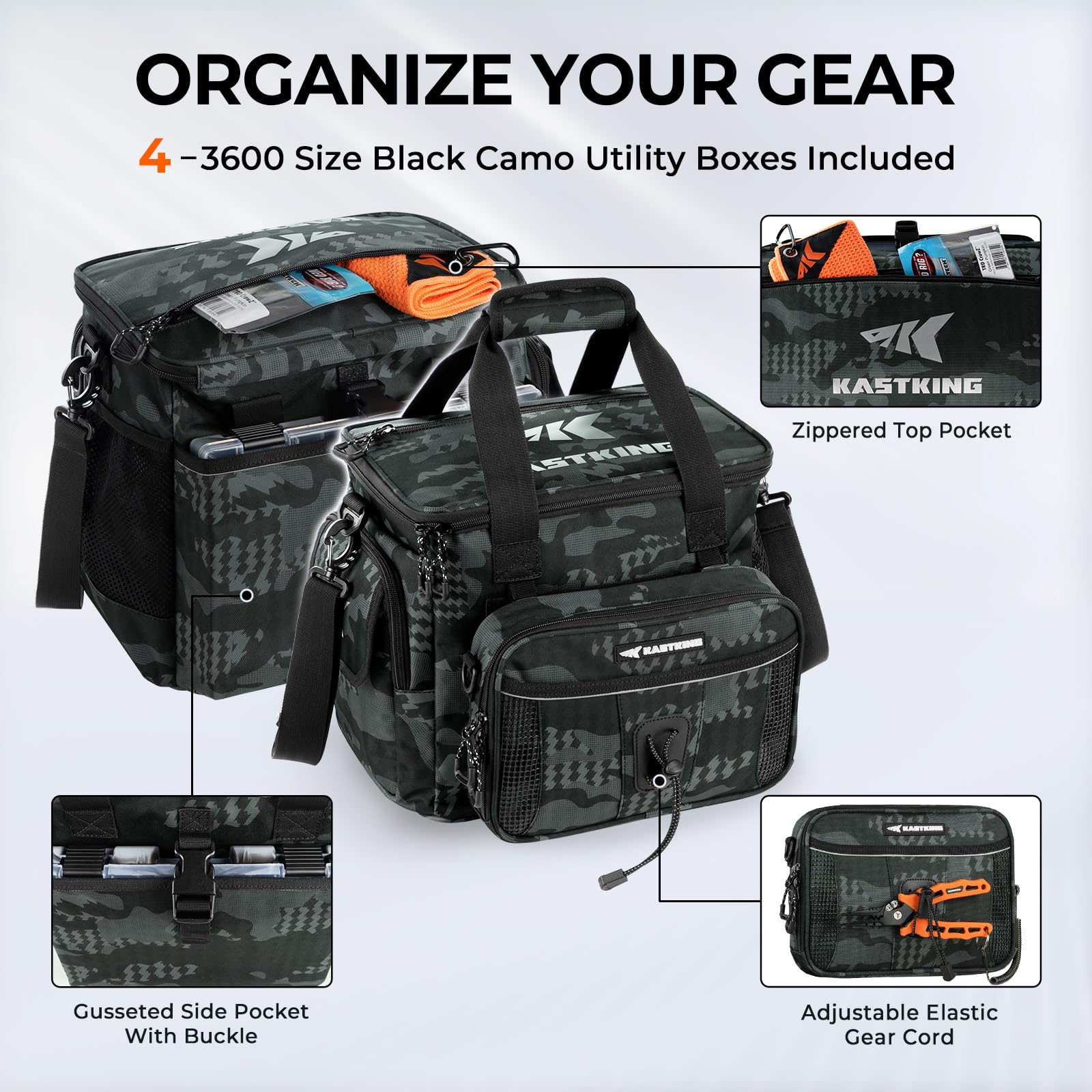 KastKing BaitSpace Fishing Tackle Bag With 4 Tackle Boxes & Removable Bait Binder, Water-Resistant Tackle Storage, Durable Fishing Gear, Adjustable Shoulder Strap - Image 5