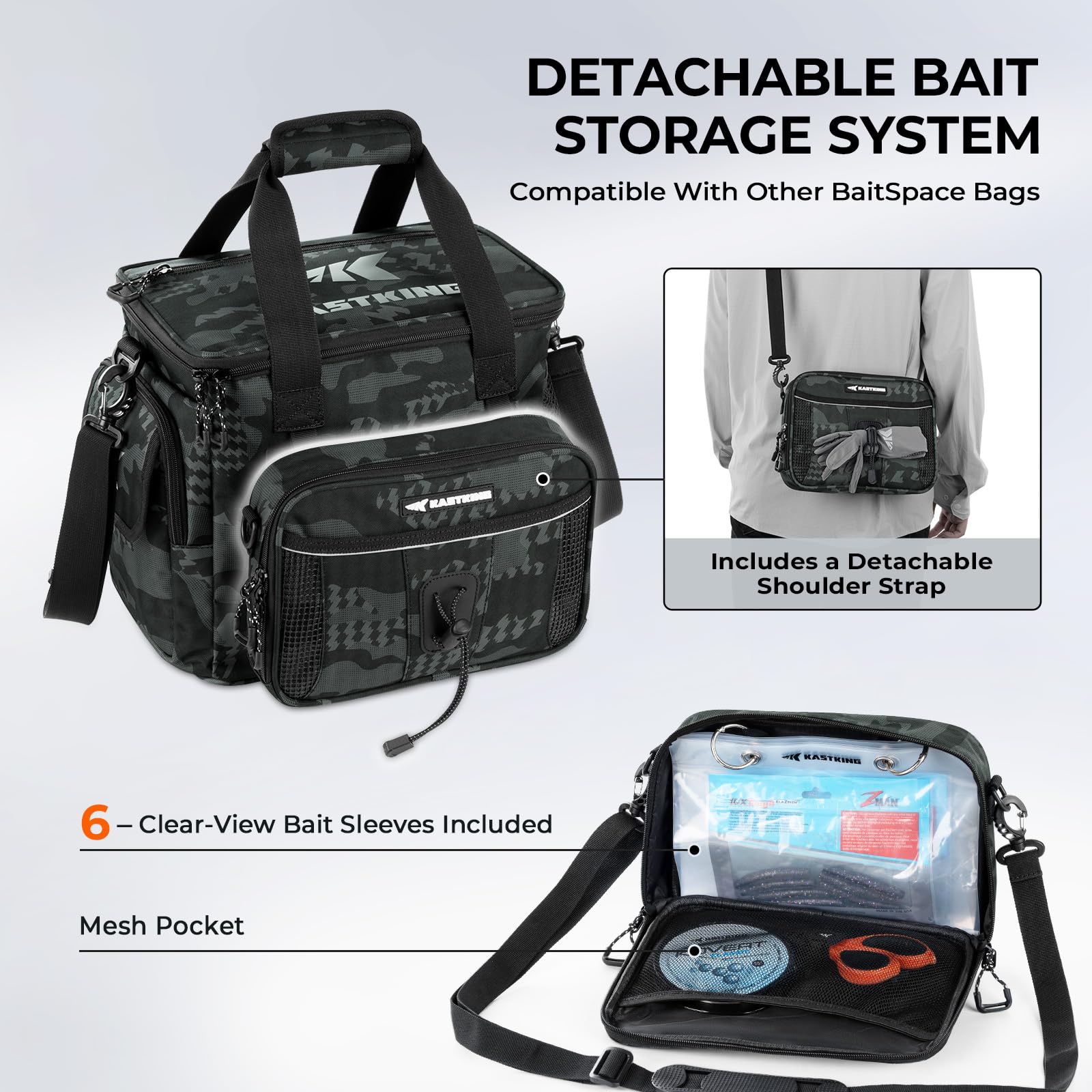KastKing BaitSpace Fishing Tackle Bag With 4 Tackle Boxes & Removable Bait Binder, Water-Resistant Tackle Storage, Durable Fishing Gear, Adjustable Shoulder Strap - Image 6