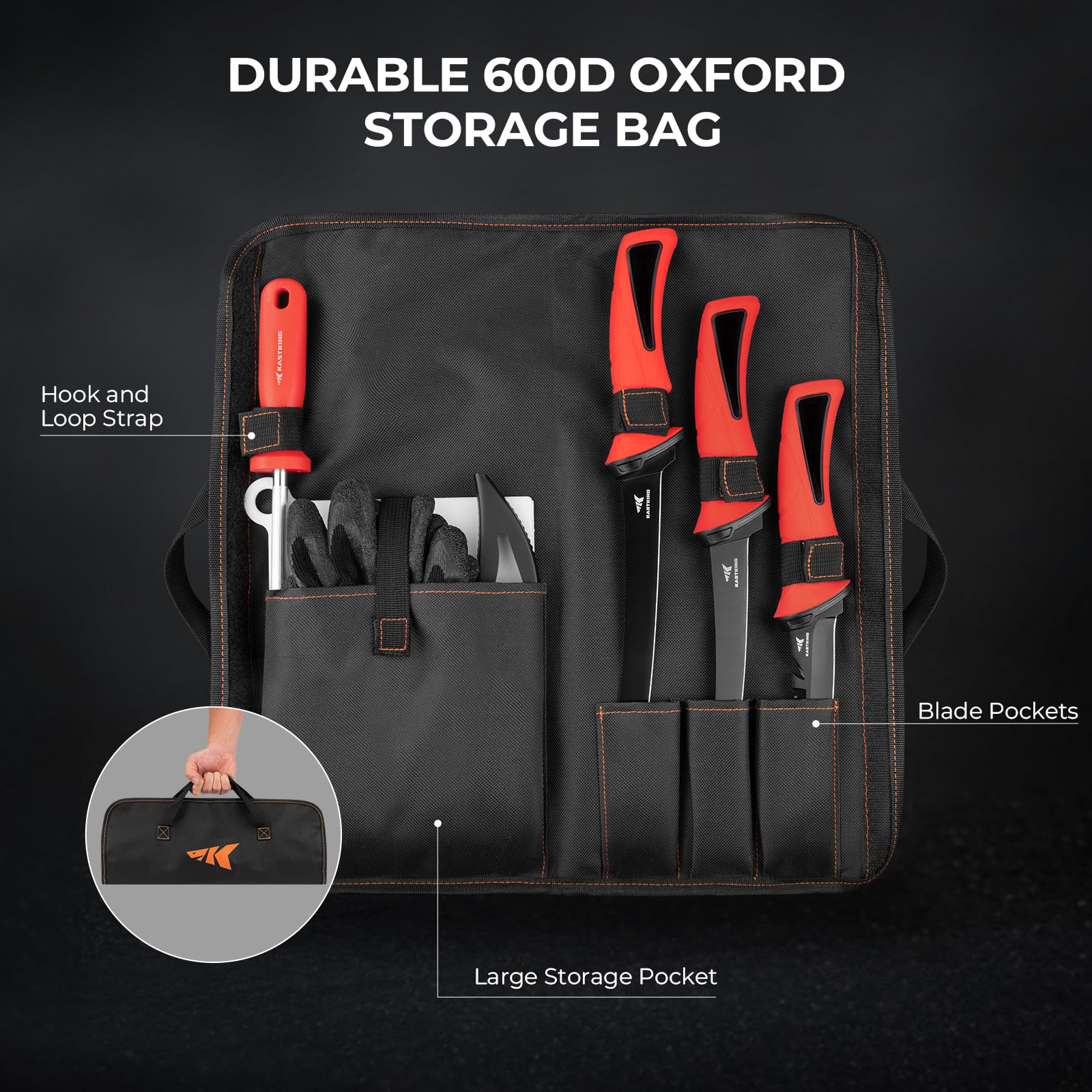 KastKing Intimidator Fillet Knife Set – G4116 German Stainless-Steel Blades, Non-Slip Handle, Includes Folding Fillet Board, Fish Scaler, Rubber-Coated Gloves, Honing Rod, and Durable Storage Bag - Image 6