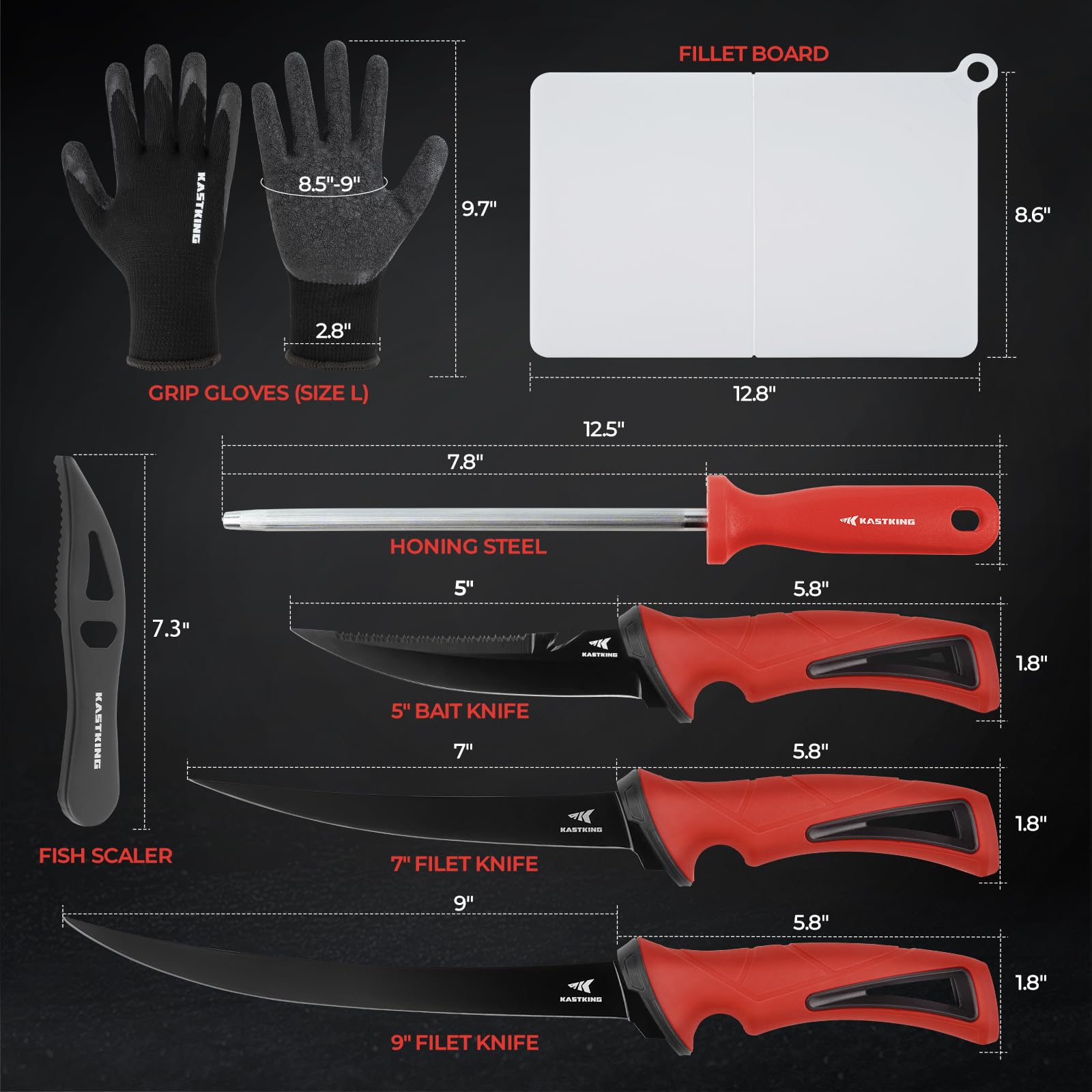KastKing Intimidator Fillet Knife Set – G4116 German Stainless-Steel Blades, Non-Slip Handle, Includes Folding Fillet Board, Fish Scaler, Rubber-Coated Gloves, Honing Rod, and Durable Storage Bag - Image 7