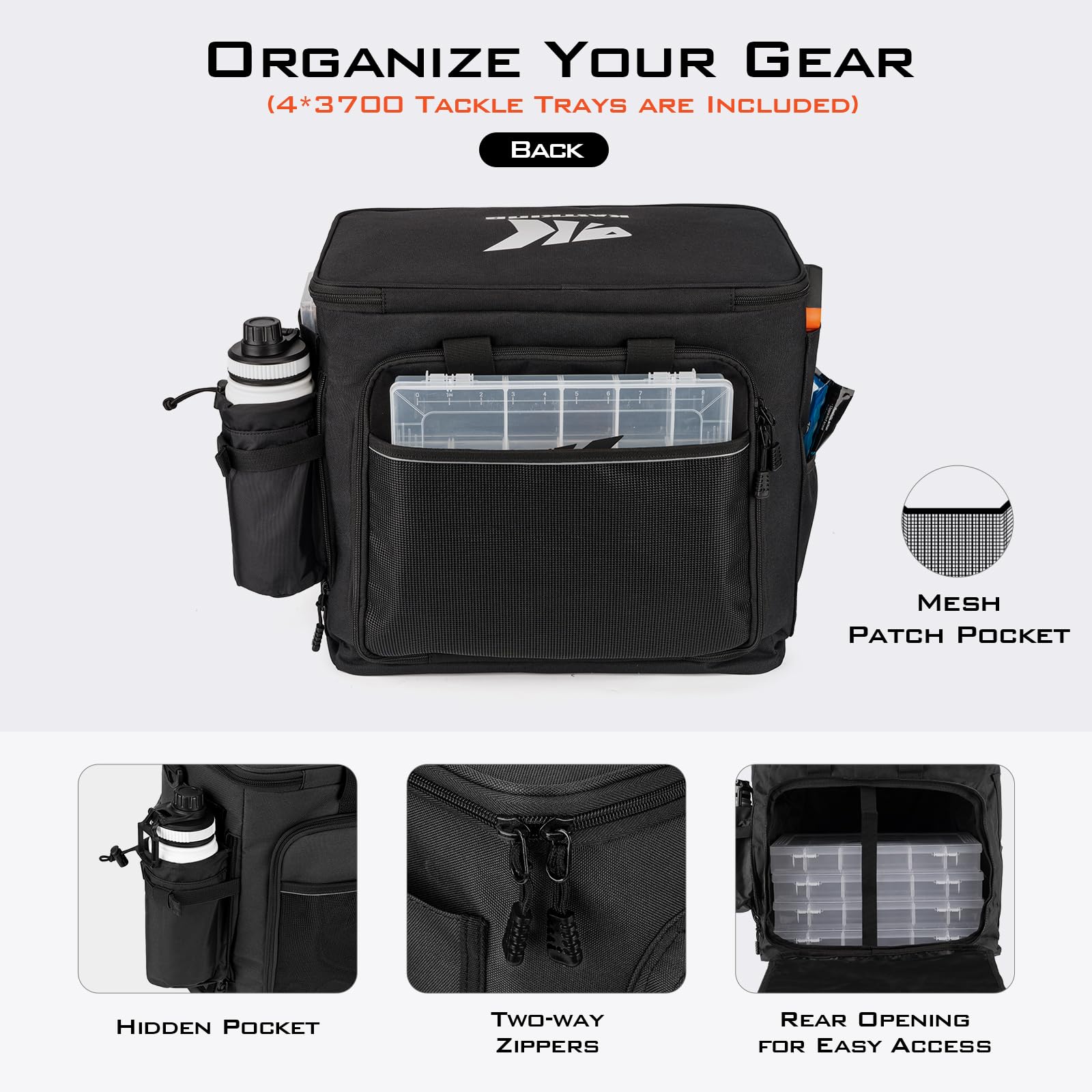 KastKing Karryall Fishing Tackle Bags with 4 * 3700 Tackle Trays, Fishing Bags for Saltwater or Freshwater Fishing - Fishing Gear Storage, Black - Image 3