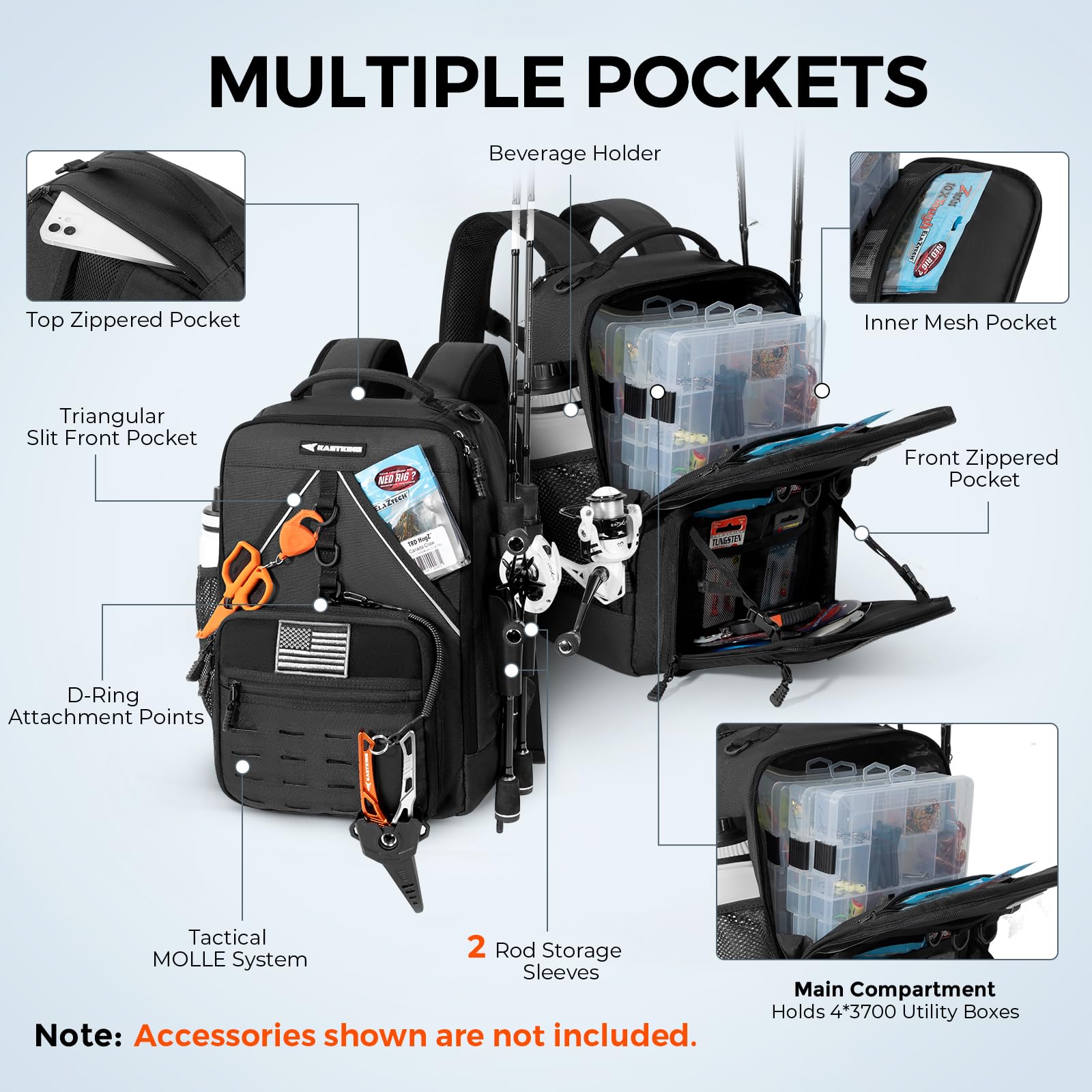 KastKing KarryAll KastMate Fishing Tackle Backpack,Water-Resistant Tackle Bag With 2 Rod Holders,Fishing Gear and Equipment With Large Gear Storage,Black - Image 3