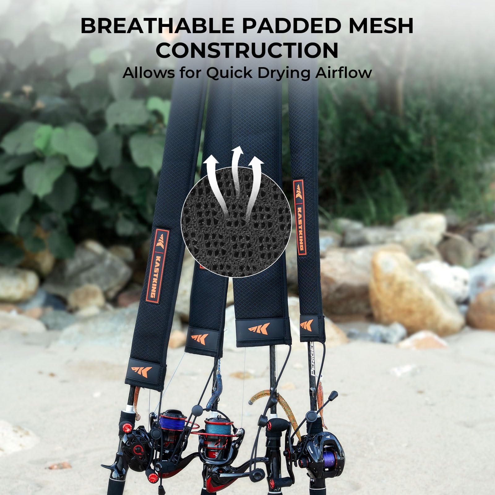 KastKing MeshGuard Rod Socks, Fishing Rod Sleeve, Neoprene Fishing Pole Sleeve, Fishing Rod Covers, Built-in Hanging Loop & Adjustable Lanyard, Fits Casting, Spinning, & Fly Rods - Image 3