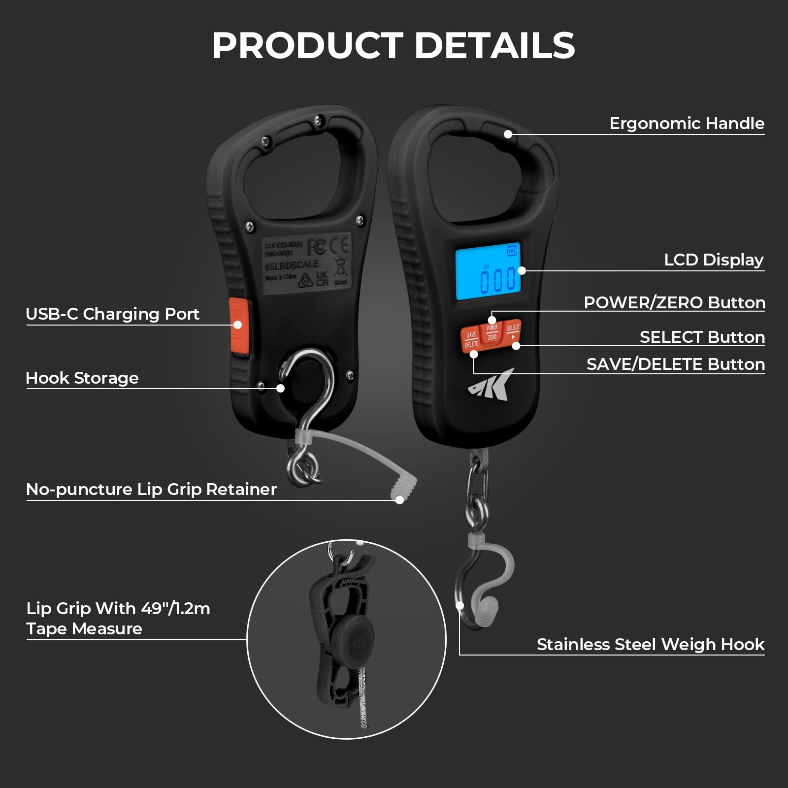 KastKing ToughTide Fishing Scale, USB Charging, 65lb Capacity, Ultra-Thin Digital Fish Scale, LCD Display, Ergonomic Handle, Fish Scales Digital Weight, Fishing Accessories for Men - Image 7