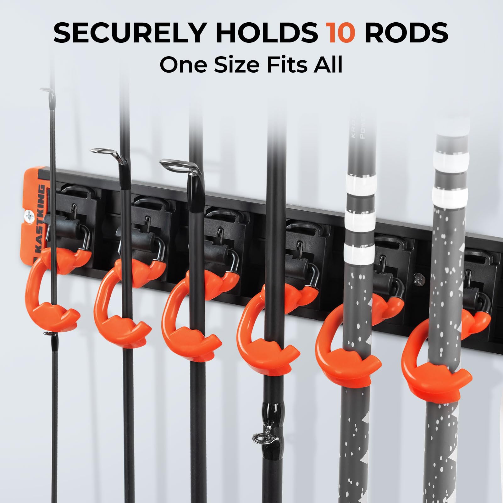 KastKing V10 Pivot Grip Fishing Rod Holder–Adjustable, Space-Saving Wall-Mounted Rod Holder, 10 Polymer-Coated Steel Hooks, Expandable Storage System, Holds 10 Rod & Reel Combos, 1 Pack - Image 3