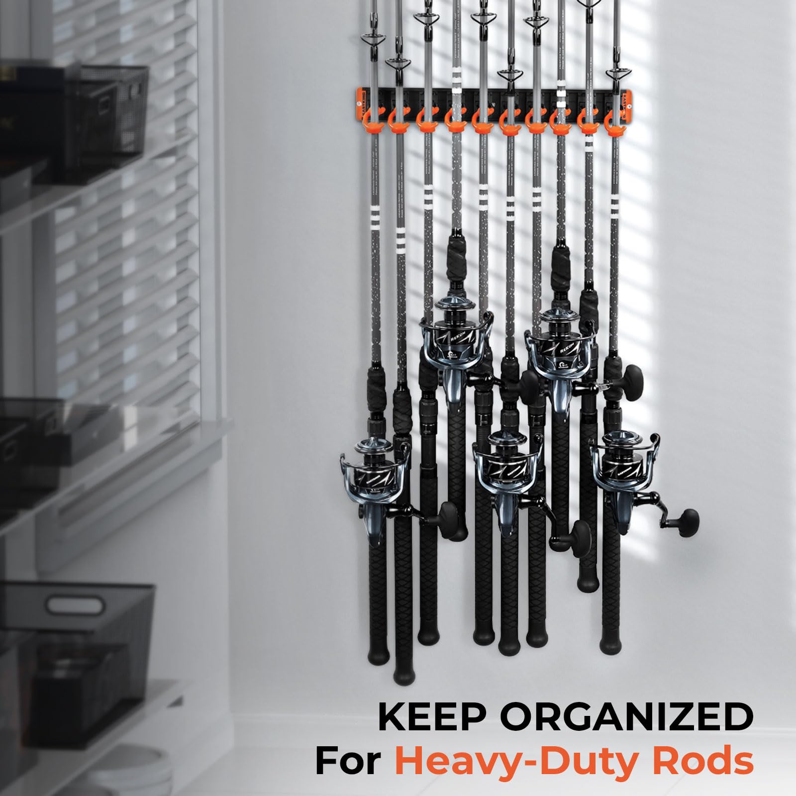 KastKing V10 Pivot Grip Fishing Rod Holder–Adjustable, Space-Saving Wall-Mounted Rod Holder, 10 Polymer-Coated Steel Hooks, Expandable Storage System, Holds 10 Rod & Reel Combos, 1 Pack - Image 6