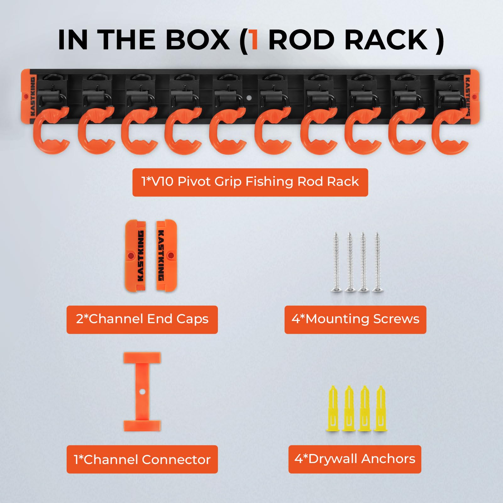 KastKing V10 Pivot Grip Fishing Rod Holder–Adjustable, Space-Saving Wall-Mounted Rod Holder, 10 Polymer-Coated Steel Hooks, Expandable Storage System, Holds 10 Rod & Reel Combos, 1 Pack - Image 9