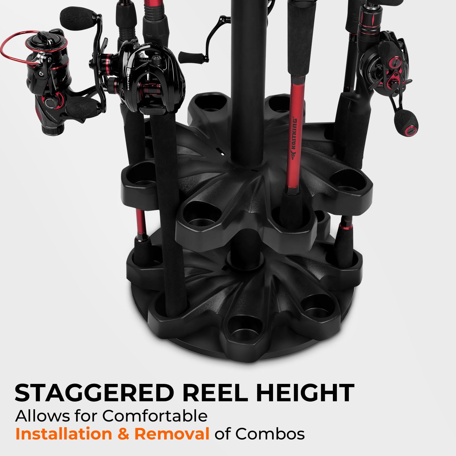 KastKing V16 Rotating Fishing Rod Holder for Garage, Floor Rack Holds Up to 16 Rods & Combos, Space-Saving Pole Organizer with Foam, Durable ABS, Fishing Gear Storage Gift for Men - Image 3