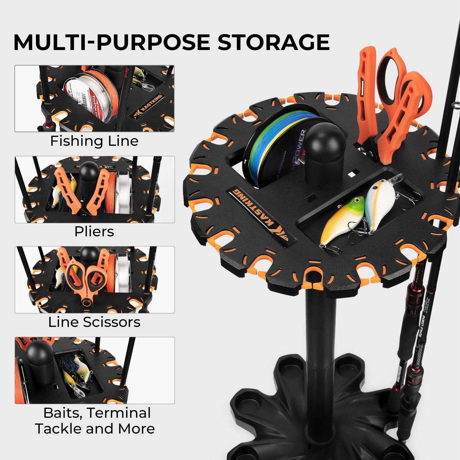 KastKing V16 Rotating Fishing Rod Holder for Garage, Floor Rack Holds Up to 16 Rods & Combos, Space-Saving Pole Organizer with Foam, Durable ABS, Fishing Gear Storage Gift for Men - Image 5